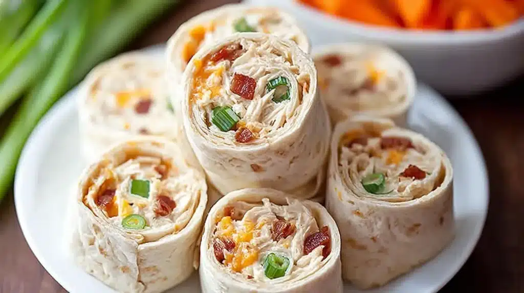 Close-up of Crack Chicken Pinwheels filled with creamy chicken, cheddar, bacon, and green onions on a white plate.