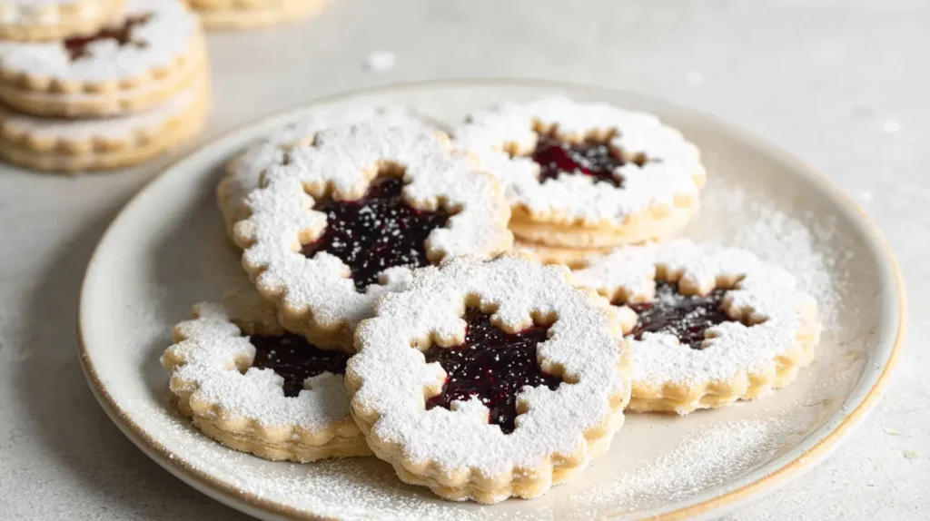 These buttery shortbread Linzer cookies are filled with sweet raspberry jam and topped with a dusting of powdered sugar — a festive classic perfect for Christmas gatherings.