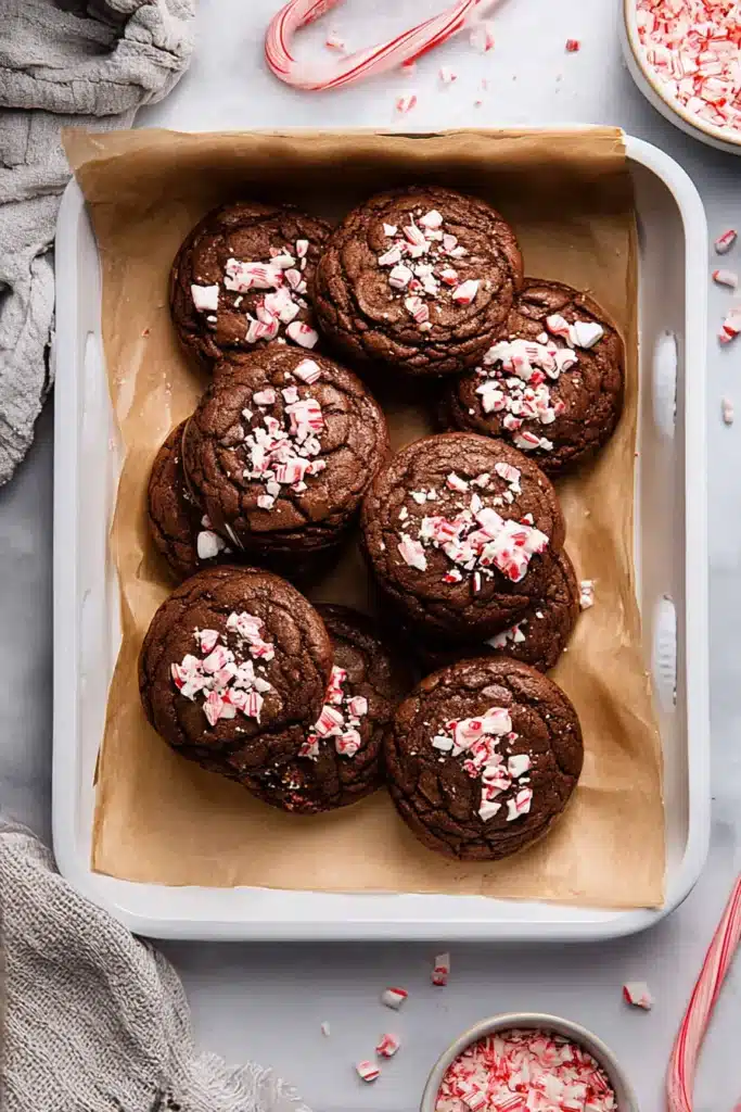 Peppermint Brownie Cookies: Fudgy, Festive, and Full of Holiday Cheer 6 Soft, fudgy peppermint brownie cookies topped with crushed candy canes — a festive treat perfect for the holiday season.