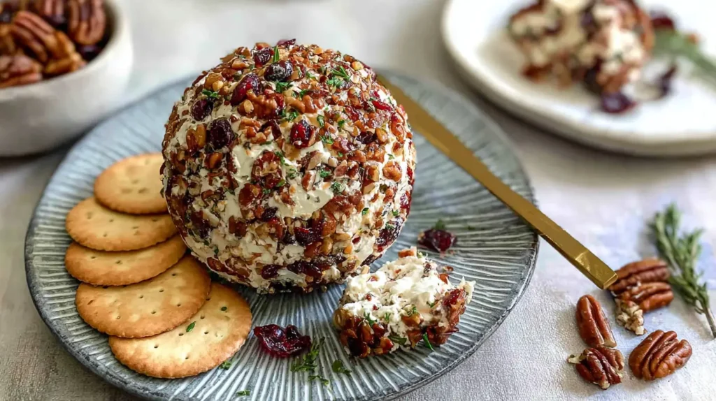 Cranberry pecan goat cheese ball coated in nuts and dried cranberries, served on a plate with crackers and a cheese knife.