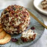 Cranberry pecan goat cheese ball coated in nuts and dried cranberries, served on a plate with crackers and a cheese knife.