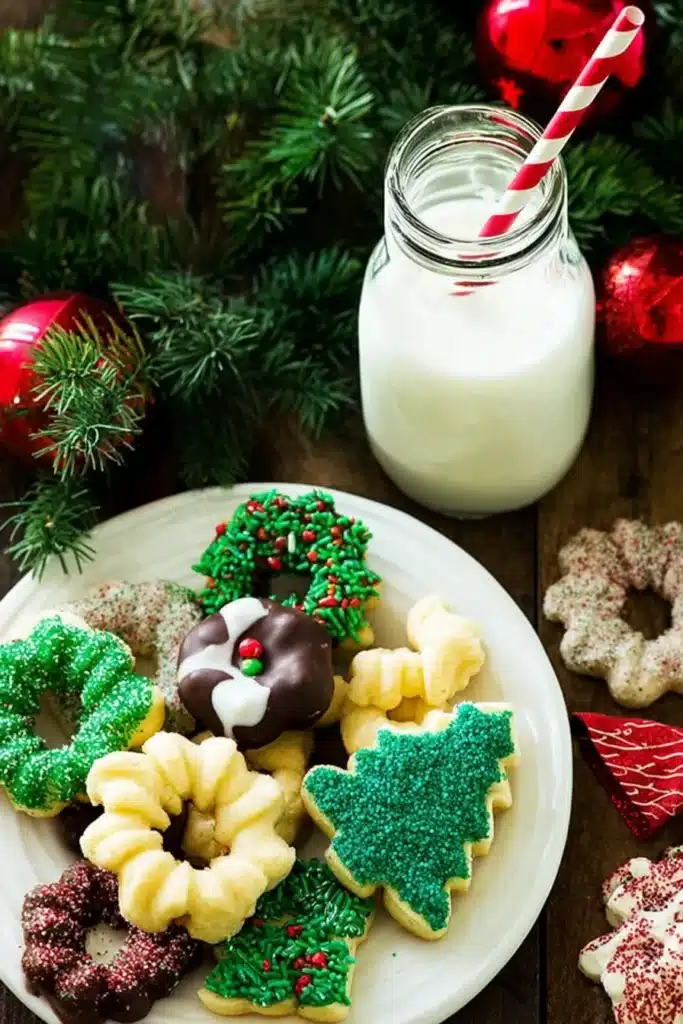 Christmas spritz cookies decorated with chocolate and holiday sprinkles served on a plate beside a glass of milk.
