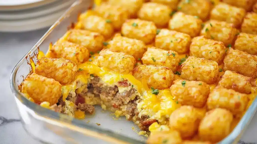 This Tater Tot Breakfast Casserole is layered with crispy tater tots, fluffy eggs, melted cheese, and savory sausage — a hearty, crowd-pleasing breakfast bake that’s easy to make ahead.