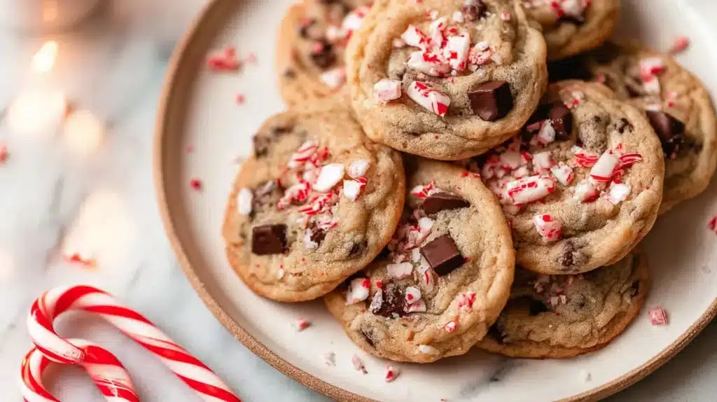Peppermint Chocolate Chip Cookies: Soft, Sweet & Perfectly Minty 4 Soft peppermint chocolate chip cookies topped with crushed candy canes on a plate.