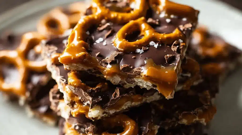 Best Salted Caramel Pretzel Bark That Delivers Sweet, Salty, and Crunchy Perfection 4 Crunchy pretzels, rich dark chocolate, and buttery caramel come together in this irresistible salted caramel pretzel bark.