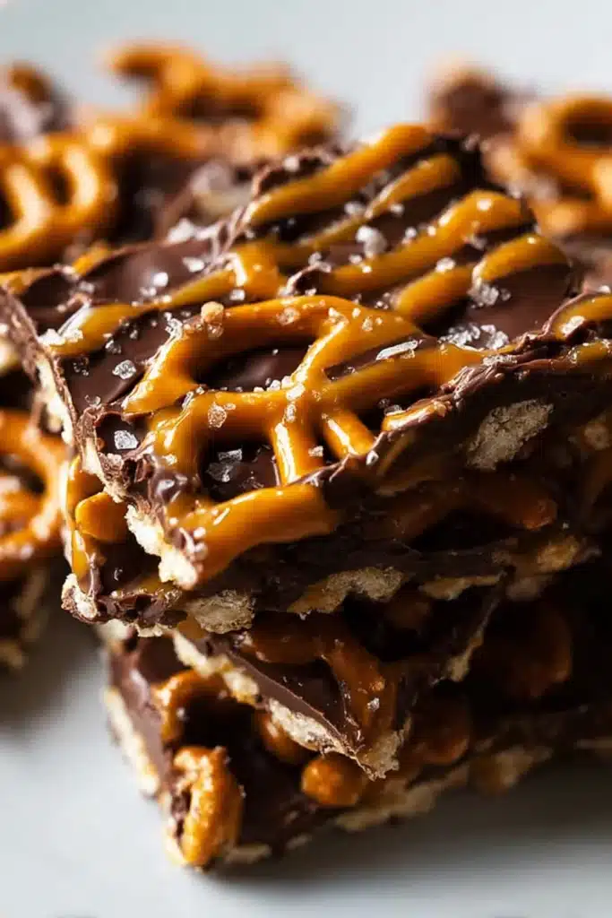 Best Salted Caramel Pretzel Bark That Delivers Sweet, Salty, and Crunchy Perfection 6 Salted caramel pretzel bark stacked on a plate, drizzled with dark chocolate and sprinkled with sea salt.