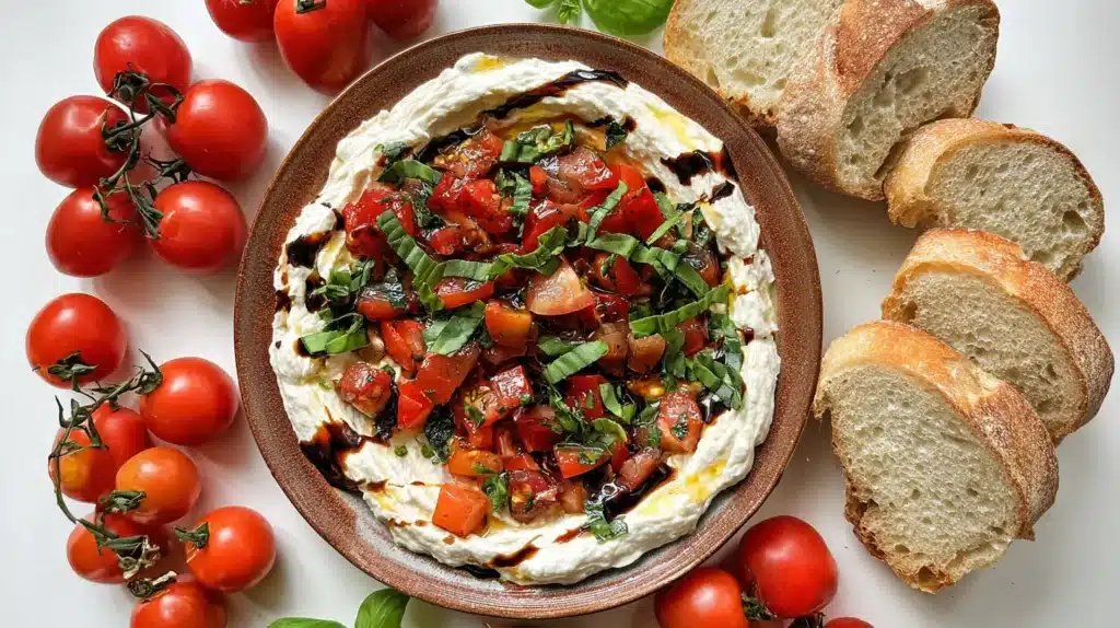 Bruschetta dip made with whipped cheese topped with diced tomatoes, fresh basil, and balsamic glaze, served with toasted baguette slices.