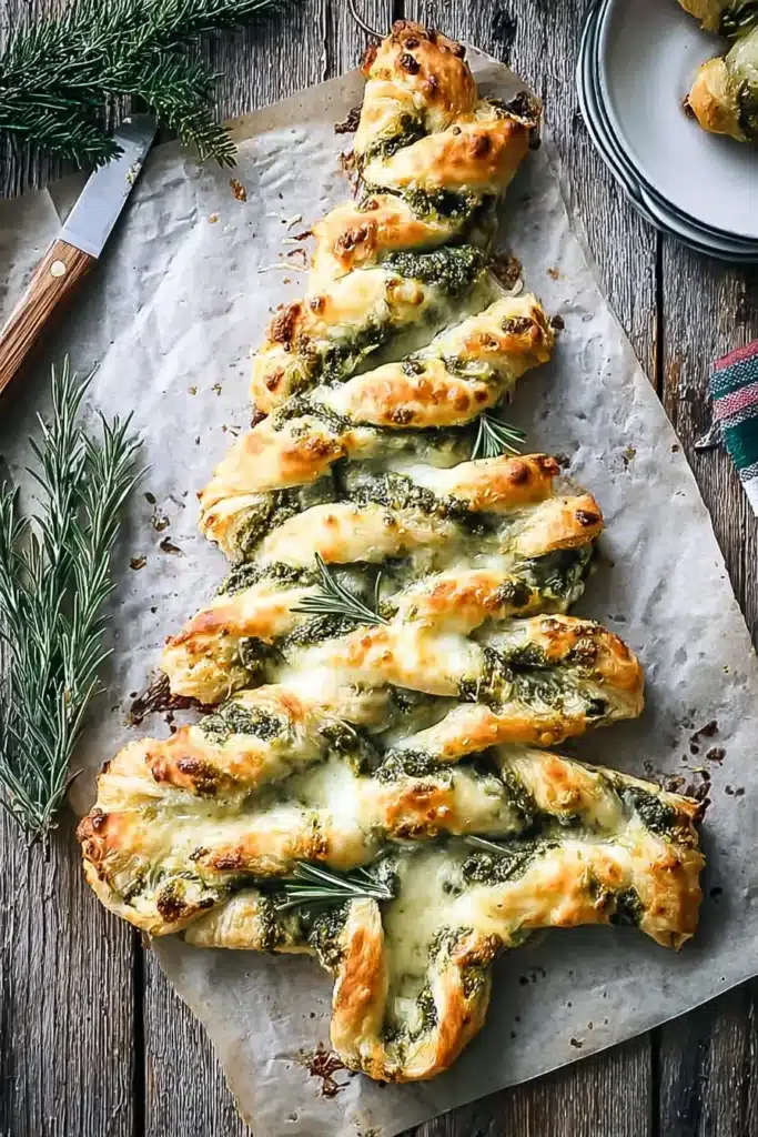This Easy Christmas Tree Appetizer combines buttery puff pastry, creamy cheese, and vibrant pesto for a delicious pull-apart dish — perfect for your holiday party or Christmas dinner table.