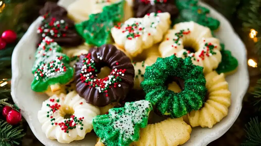 A plate of colorful Christmas spritz cookies decorated with chocolate, icing, and festive red and green sprinkles.