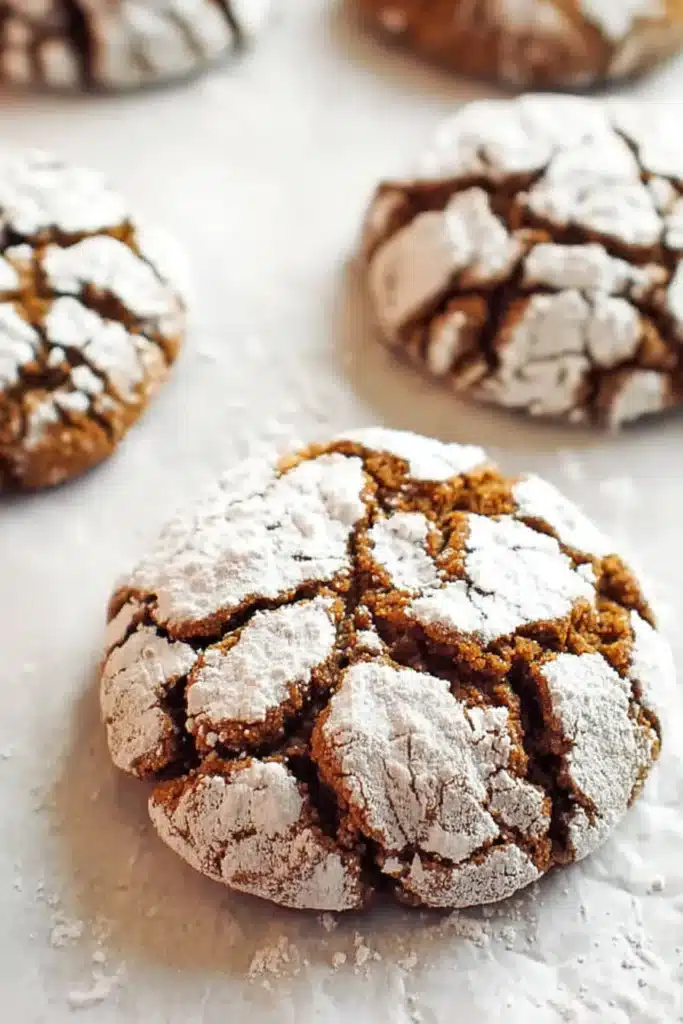 Soft, chewy Gingerbread Crinkle Cookies dusted in powdered sugar and baked to form their signature crackled look — the perfect holiday treat.