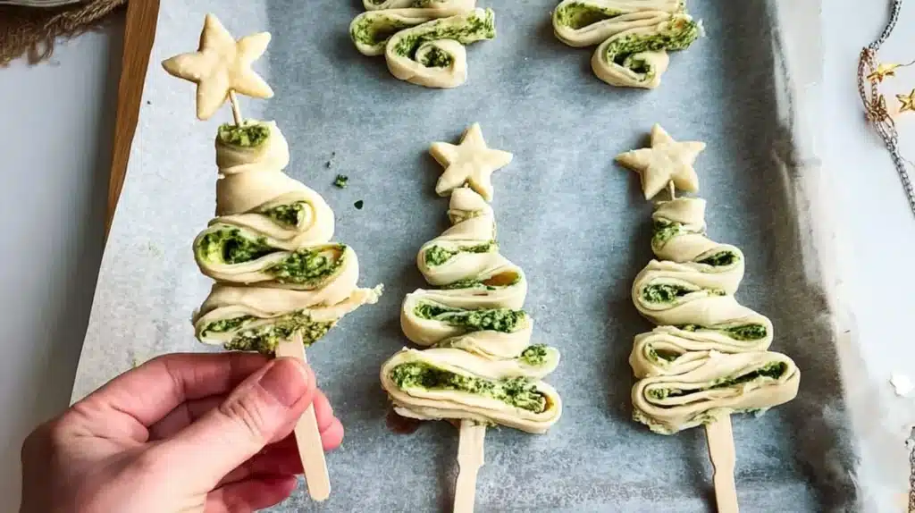 Unbaked pesto puff pastry Christmas trees on a parchment-lined tray, with a hand holding one tree on a skewer ready for baking.