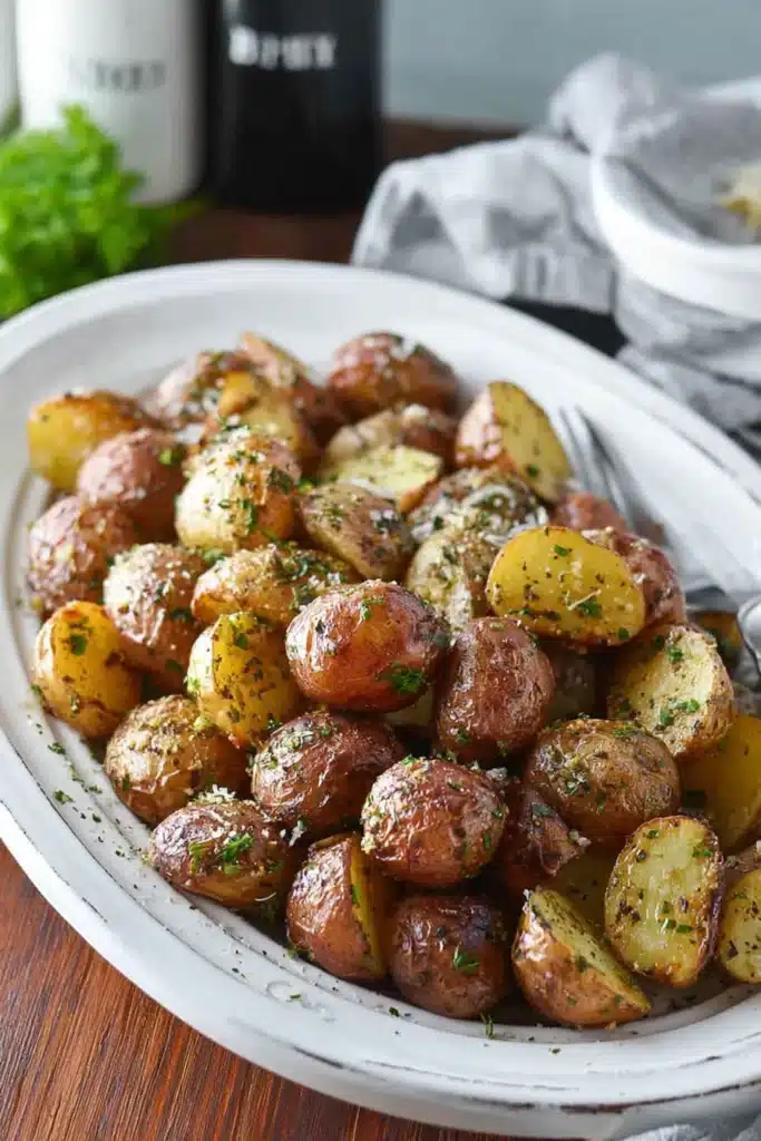 Perfectly tender crockpot potatoes tossed with garlic, herbs, and fresh parmesan — a simple side dish packed with flavor.