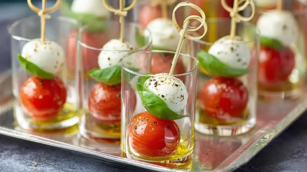 Mini Caprese bites in clear cups with cherry tomatoes, basil, and mozzarella skewered on knot picks and drizzled with olive oil.