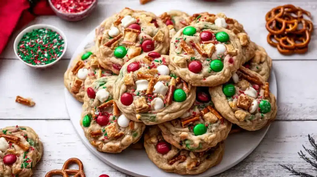 Christmas kitchen sink cookies topped with red and green M&Ms, pretzels, white chocolate chips, and sprinkles on a serving plate.