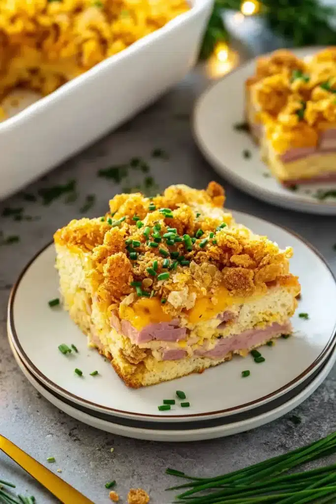 A festive favorite — this Christmas Breakfast Casserole combines layers of soft bread, savory ham, creamy eggs, and gooey cheese, all topped with a golden crunchy cornflake crust.