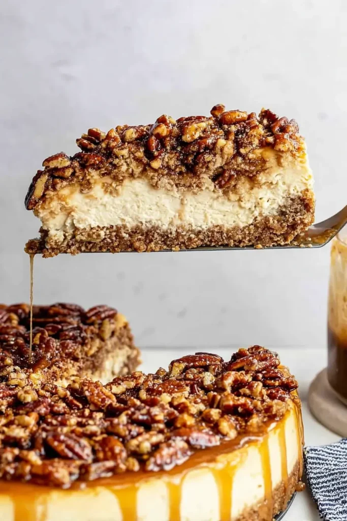 Pecan Pie Cheesecake Recipe : A warm, cozy, holiday-worthy dessert 7 Slice of pecan pie cheesecake topped with caramel pecans and fresh caramel sauce drizzling over the top on a white plate.