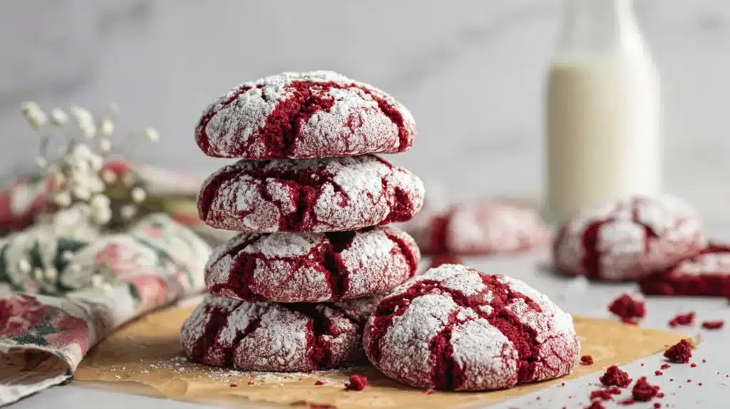 Stack of red velvet crinkle cookies dusted with powdered sugar on parchment paper.