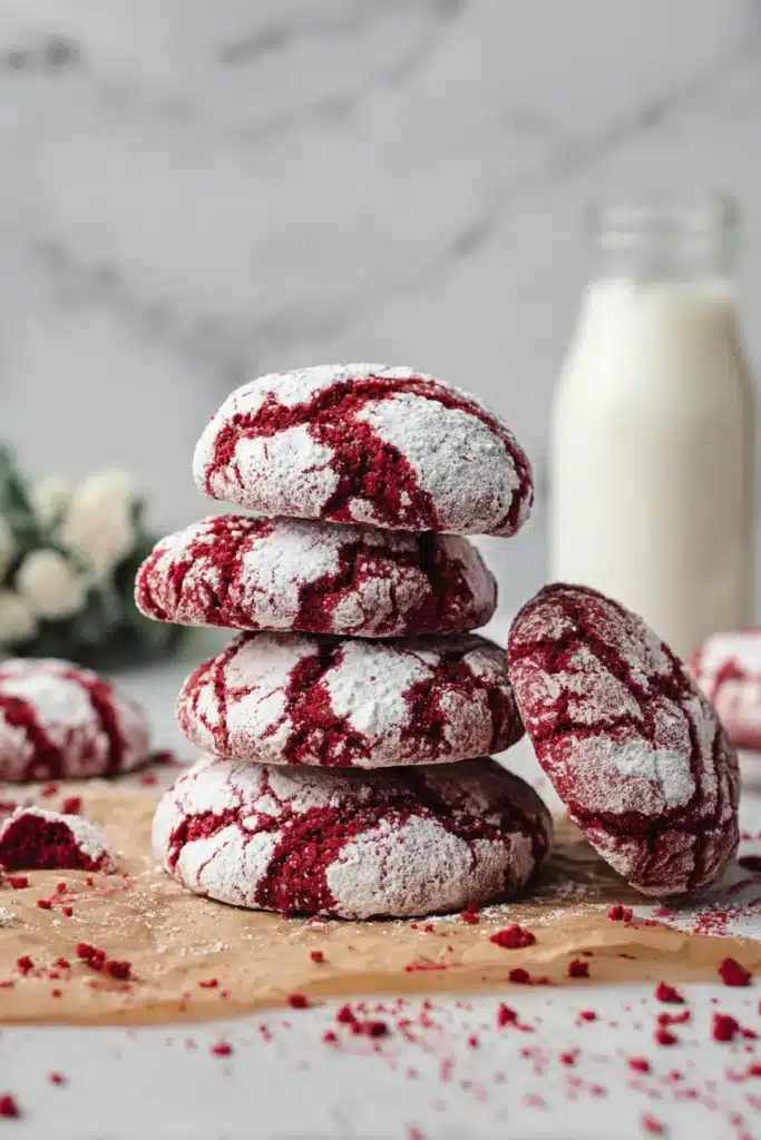 Soft, chewy, and beautifully festive — these Red Velvet Crinkle Cookies are dusted with powdered sugar and perfect for holiday cookie trays.