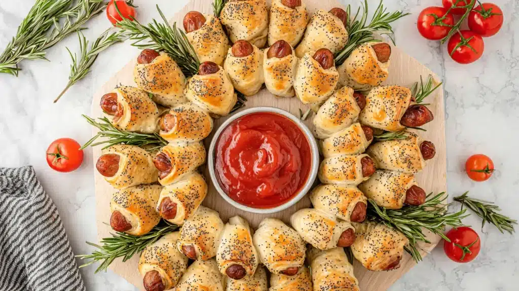 Holiday pigs in a blanket arranged in a festive wreath with rosemary, cherry tomatoes, and a bowl of ketchup in the center.