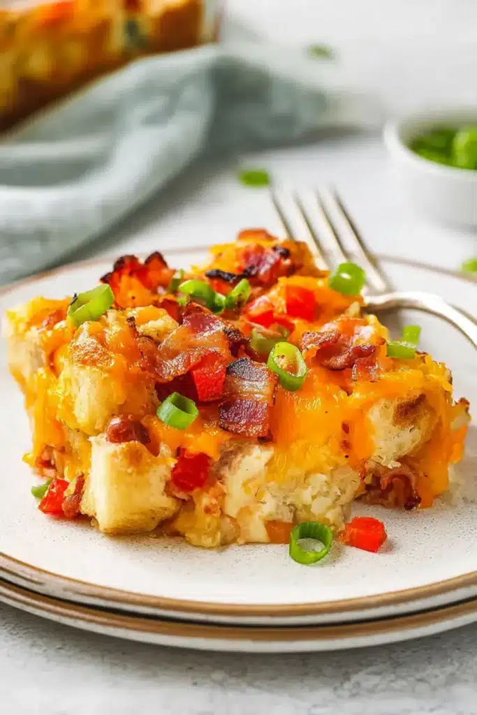 Overnight Breakfast Casserole: The Easiest Make-Ahead Brunch Ever 6 This overnight breakfast casserole is loaded with fluffy bread cubes, savory bacon, melted cheese, and fresh veggies — the perfect make-ahead breakfast for busy mornings or holiday brunch gatherings.