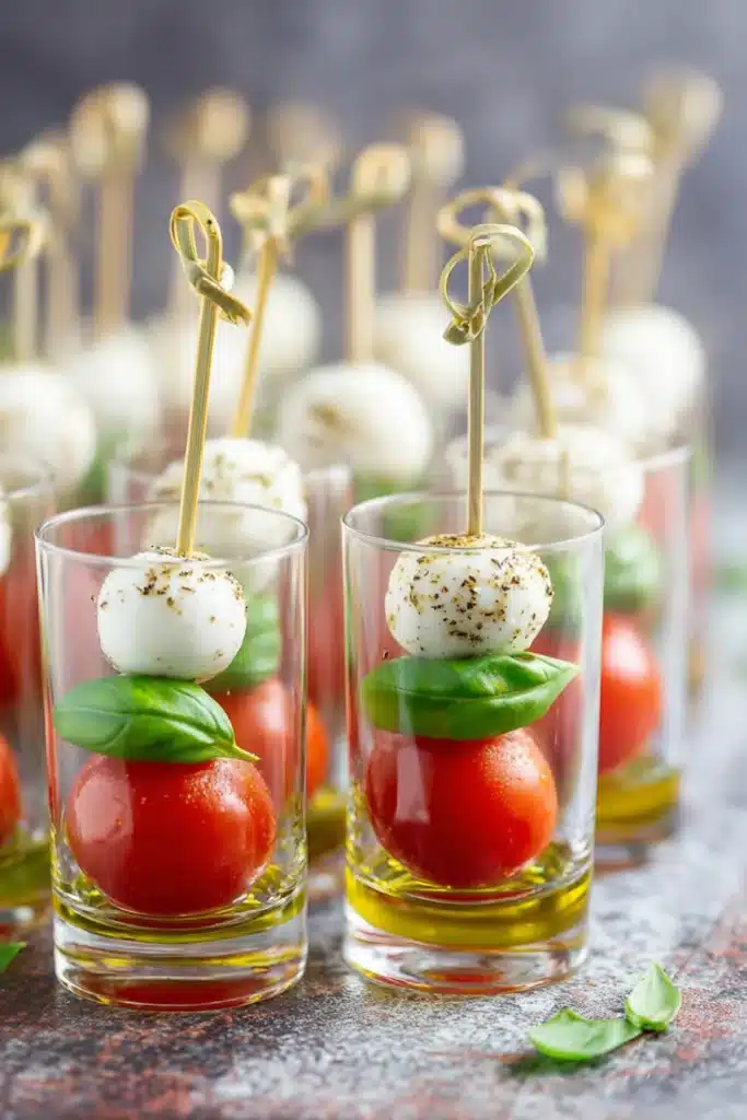 Fresh Mini Caprese Bites made with cherry tomatoes, mozzarella, basil, and olive oil. A simple and elegant appetizer perfect for parties and entertaining.