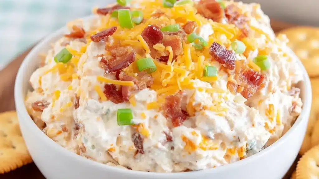 Bowl of Million Dollar Crack Dip topped with cheddar cheese, bacon bits, and green onions, served with crackers.