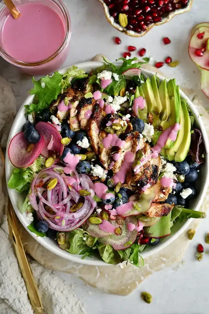 Blueberry Pistachio Spring Salad That Brings Fresh Color and Flavor to Every Bite 7 Blueberry pistachio spring salad with avocado, grilled chicken, watermelon radish, feta, and pink berry dressing.