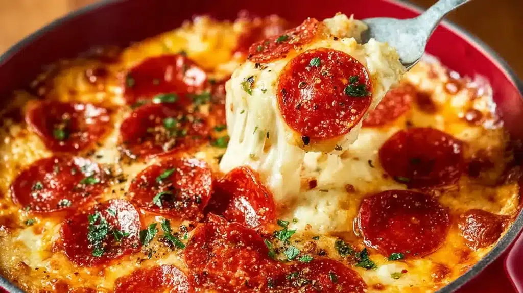 Close-up of hot cheesy pizza dip topped with pepperoni slices, herbs, and melted mozzarella.