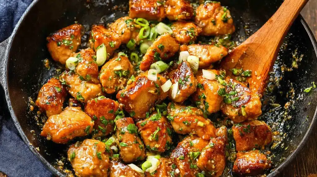 Garlic Butter Chicken Bites The Juiciest Easy Chicken Recipe for Fast Dinners 5 Golden garlic butter chicken bites in a skillet topped with parsley and green onions.