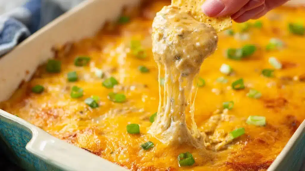 Tortilla chip lifting a gooey cheese pull from a hot Texas Trash Dip topped with melted cheddar and green onions.