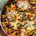 A hearty Santa Fe Chicken skillet loaded with tender seasoned chicken, melted cheese, black beans, corn, and tomatoes.
