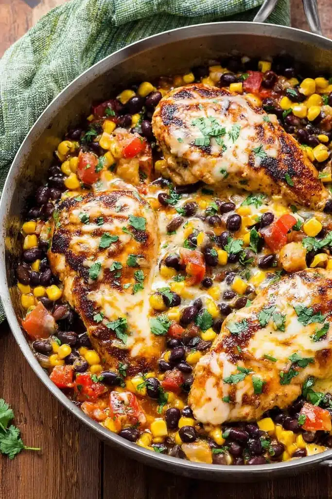 Santa Fe Chicken Made Cozy and Healthy for Your Busiest Weeknights 7 A hearty Santa Fe Chicken skillet loaded with tender seasoned chicken, melted cheese, black beans, corn, and tomatoes.