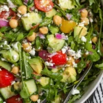 A colorful mix of chickpeas, creamy avocado, crisp veggies, and tangy feta tossed in a fresh vinaigrette.