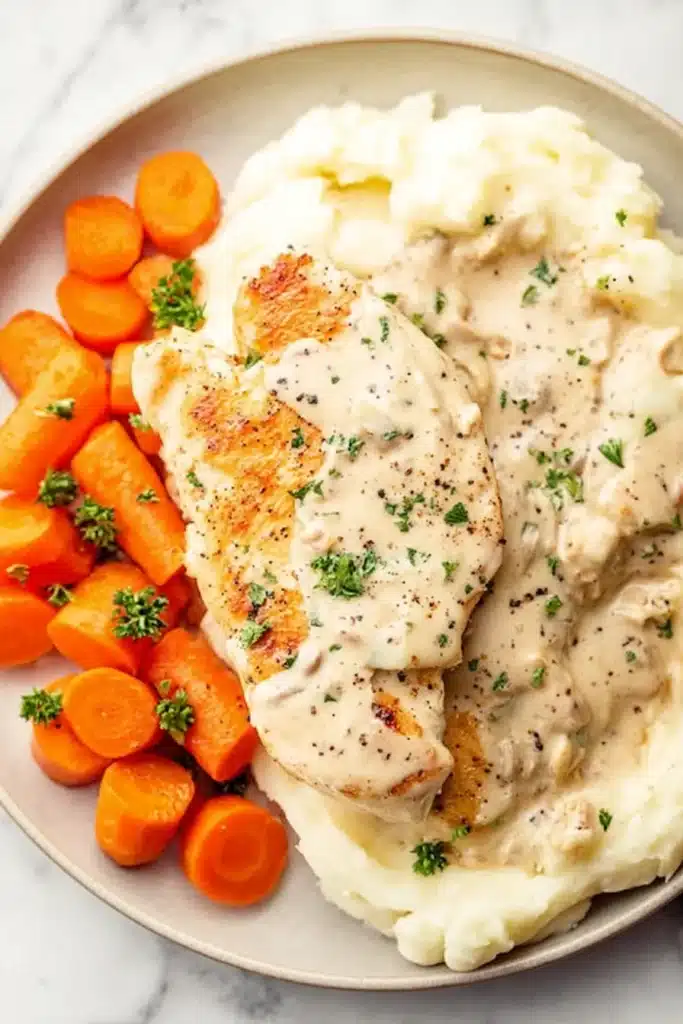 Cream Cheese Chicken A Rich and Comforting Skillet Dinner Ready Anytime 7 Plate of cream cheese chicken served with mashed potatoes and carrots topped with creamy sauce and parsley.