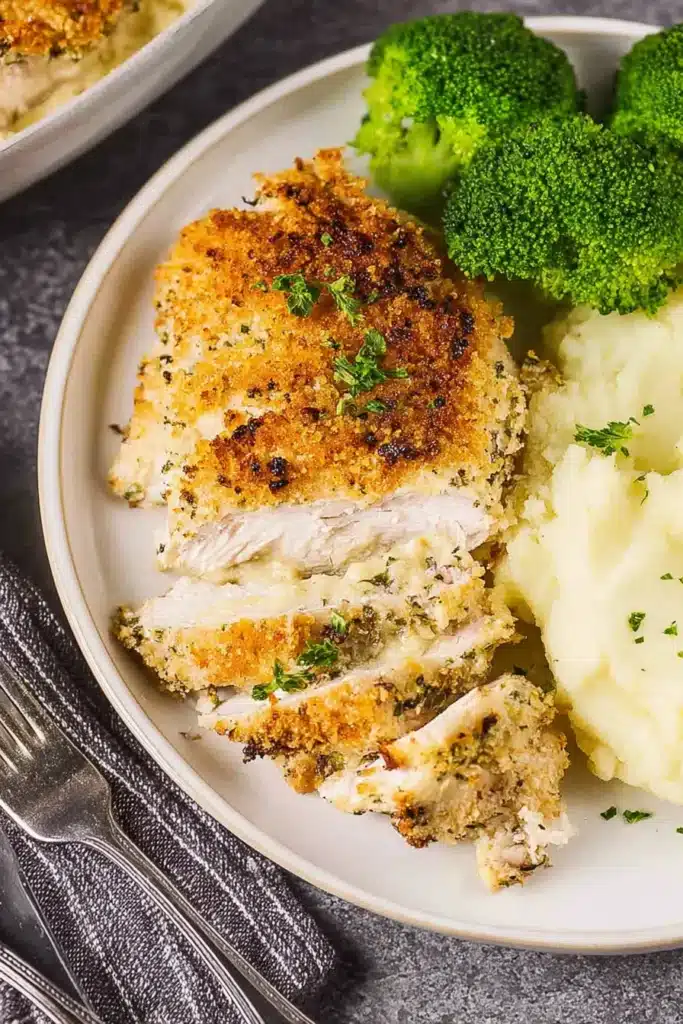 Crispy Parmesan-crusted chicken served with fluffy mashed potatoes and tender broccoli for a restaurant-style meal.