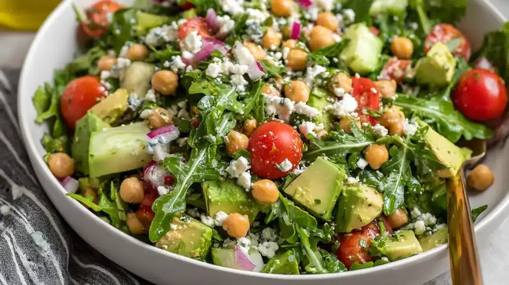 Chickpea Feta Avocado Salad A Nourishing Bowl Perfect for Healthy Meal Ideas 5 Fresh chickpea feta avocado salad with arugula, cherry tomatoes, cucumber, and red onion in a white bowl.