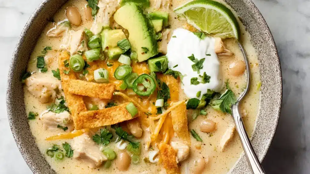 Creamy White Chicken Chili Soup A Cozy Healthy Dinner Ready Fast 5 Creamy white chicken chili soup topped with avocado, tortilla strips, shredded cheese, cilantro, and sour cream in a ceramic bowl.