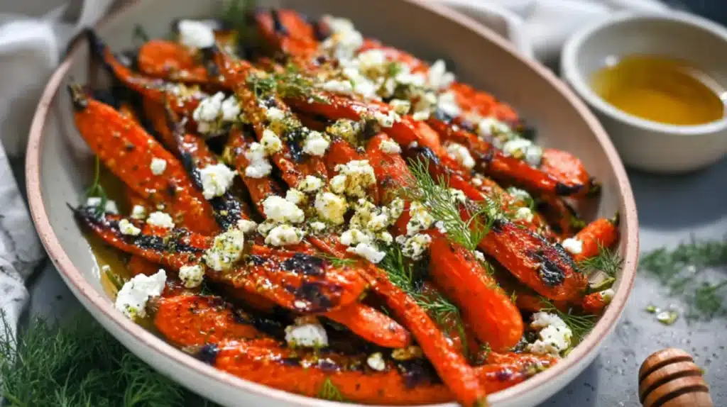 Honey roasted carrots topped with crumbled feta and fresh dill in a rustic serving bowl.