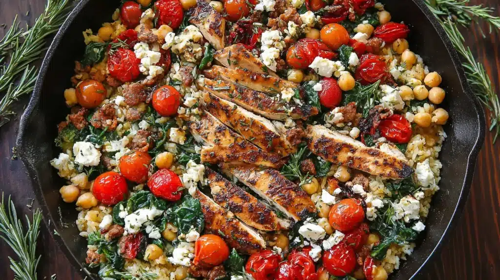 Greek chicken with lemon rice, cherry tomatoes, chickpeas, spinach, and feta served in a cast iron skillet.