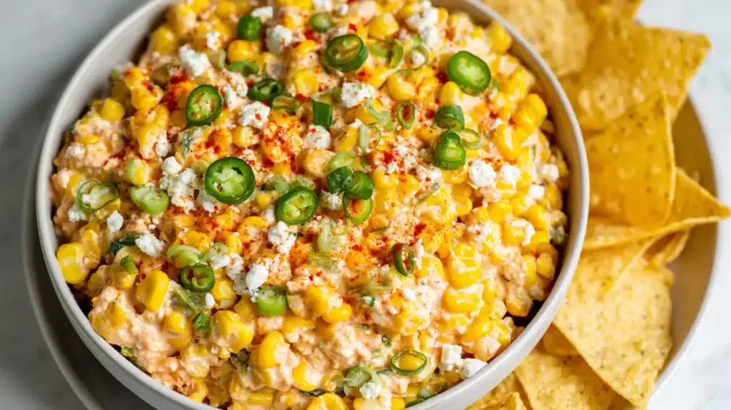 Creamy Mexican street corn dip topped with sliced green onions and served with tortilla chips.