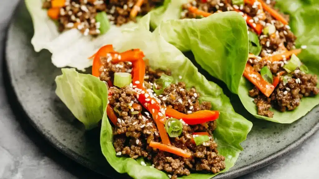 Ground beef lettuce wraps filled with seasoned beef, peppers, carrots, and sesame seeds in crisp butter lettuce cups.