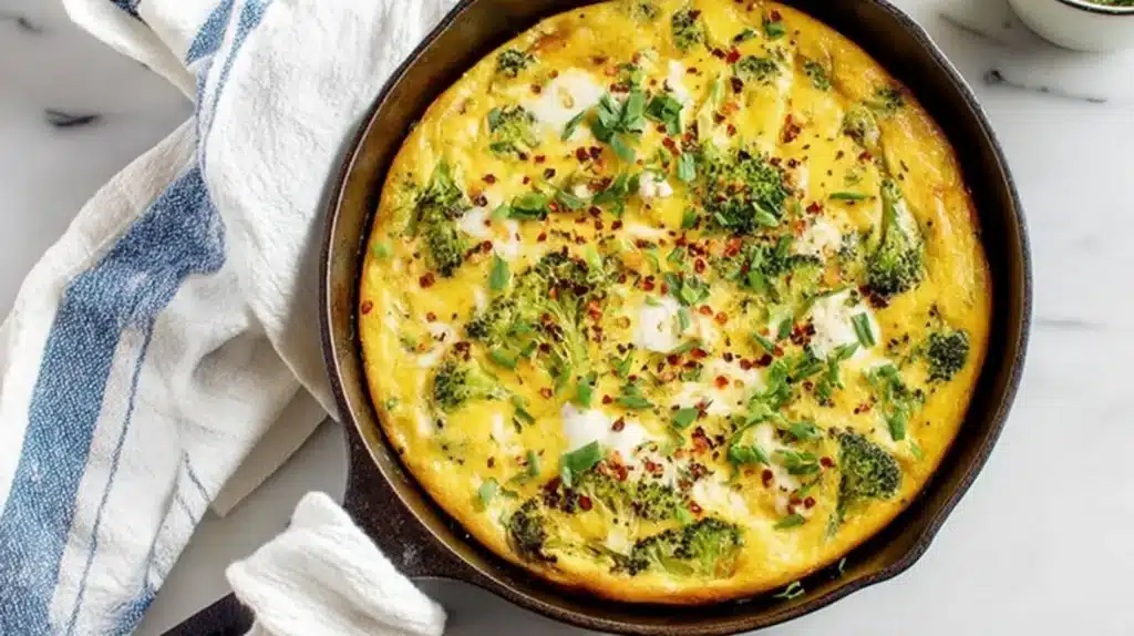 Overhead view of a golden vegetable frittata in a cast-iron skillet with broccoli, herbs, and cheese.