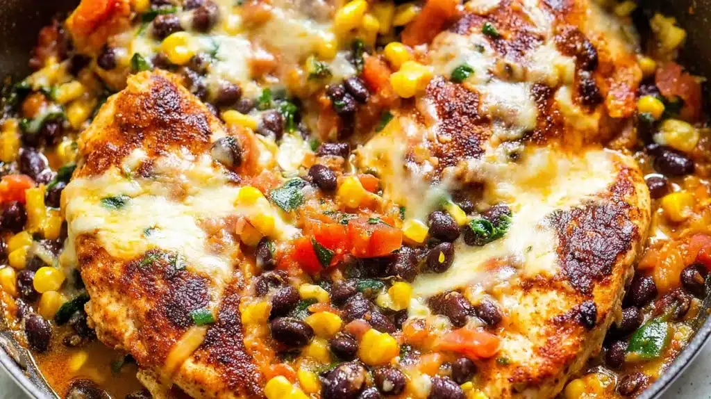 Santa Fe chicken topped with melted cheese surrounded by black beans, corn, tomatoes, and chiles in a skillet.