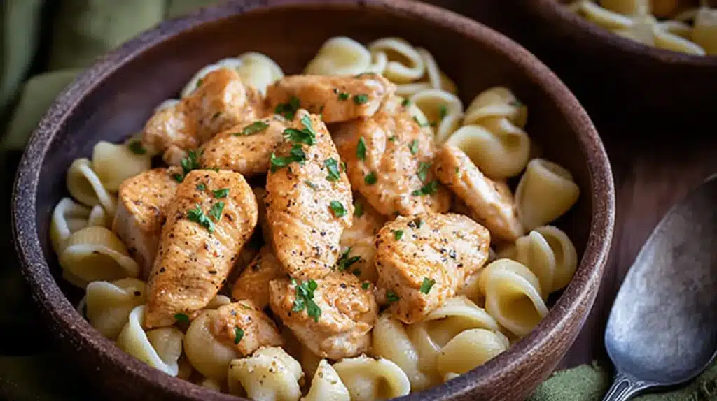 Tender chicken served over warm, buttery noodles for a simple and comforting meal.