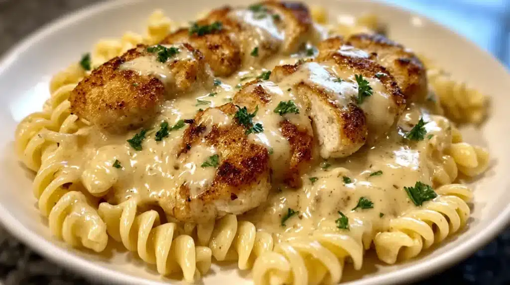 Creamy garlic butter chicken served over rotini pasta with parmesan sauce and parsley garnish.