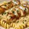 Creamy garlic butter chicken served over rotini pasta with parmesan sauce and parsley garnish.