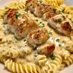 Tender garlic butter chicken paired with creamy parmesan rotini for the perfect comforting meal.