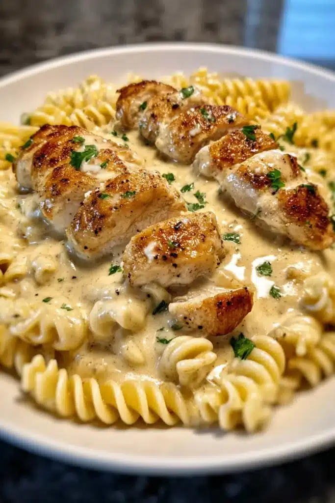Garlic Butter Chicken and Rotini in Parmesan Sauce for a Quick Cozy Dinner 7 Tender garlic butter chicken paired with creamy parmesan rotini for the perfect comforting meal.