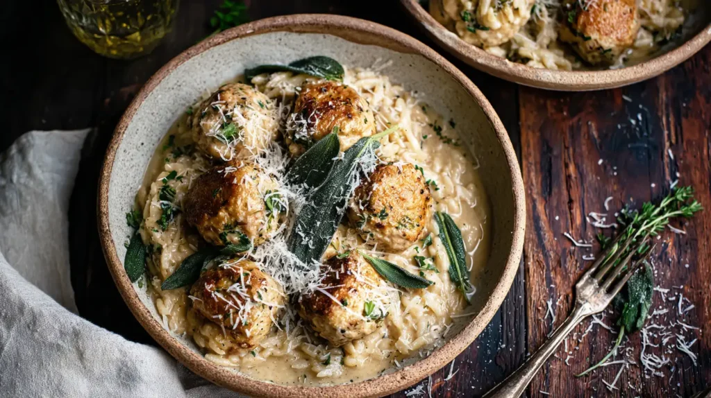 Bowl of baked sage chicken meatballs served over creamy orzo with Parmesan and crispy sage.