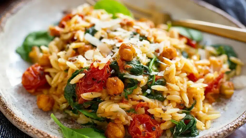 Orzo Dinner Recipe A Clean Eating Meal Perfect for Lazy Nights 5 Orzo dinner recipe bowl with roasted tomatoes, spinach, crispy chickpeas, and fresh basil on a rustic plate.